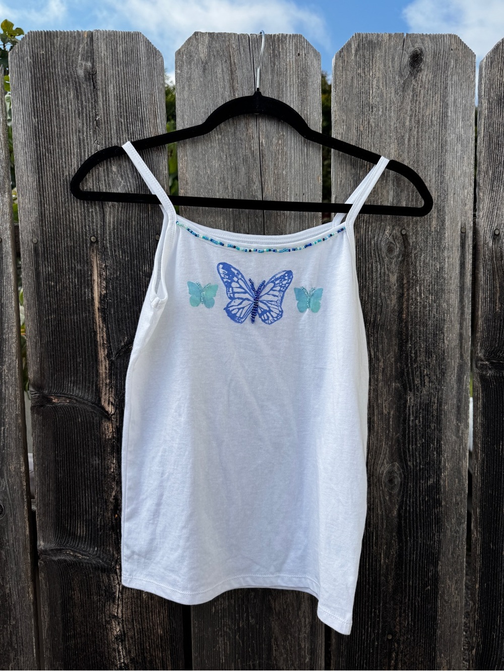 Everything That Glitters White Butterfly Handpainted Bead Embroidered Tank Top